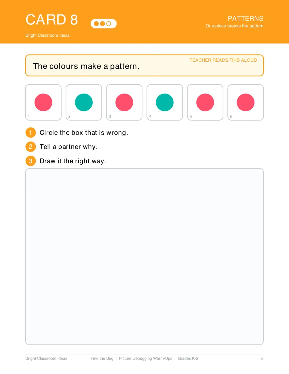 Pattern debugging card 8 asks students to find the error in pink, teal, pink, teal, pink, pink circles.