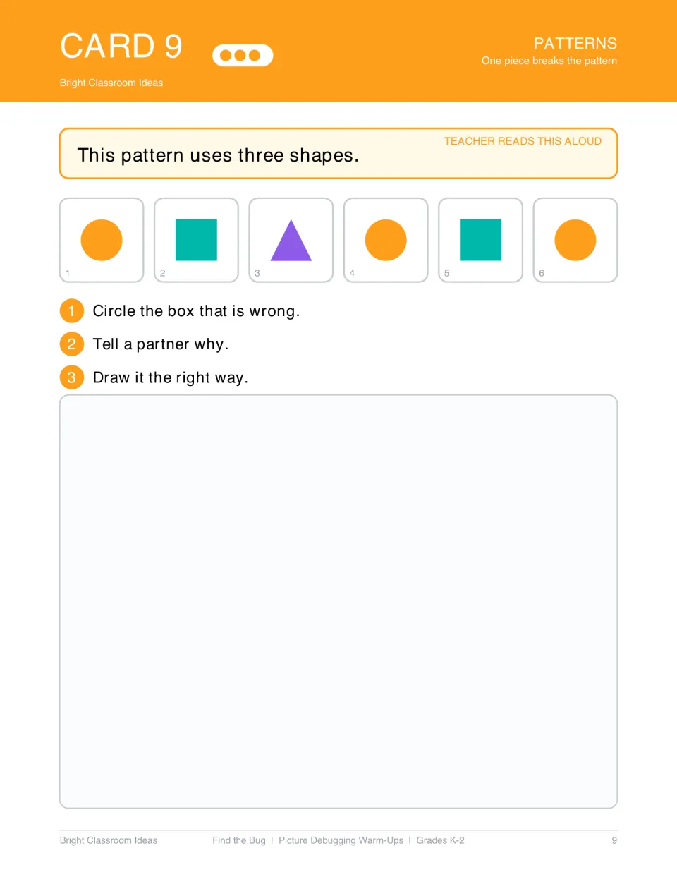Pattern debugging card 9: 'This pattern uses three shapes' shows circle, square, triangle, circle, square, circle.