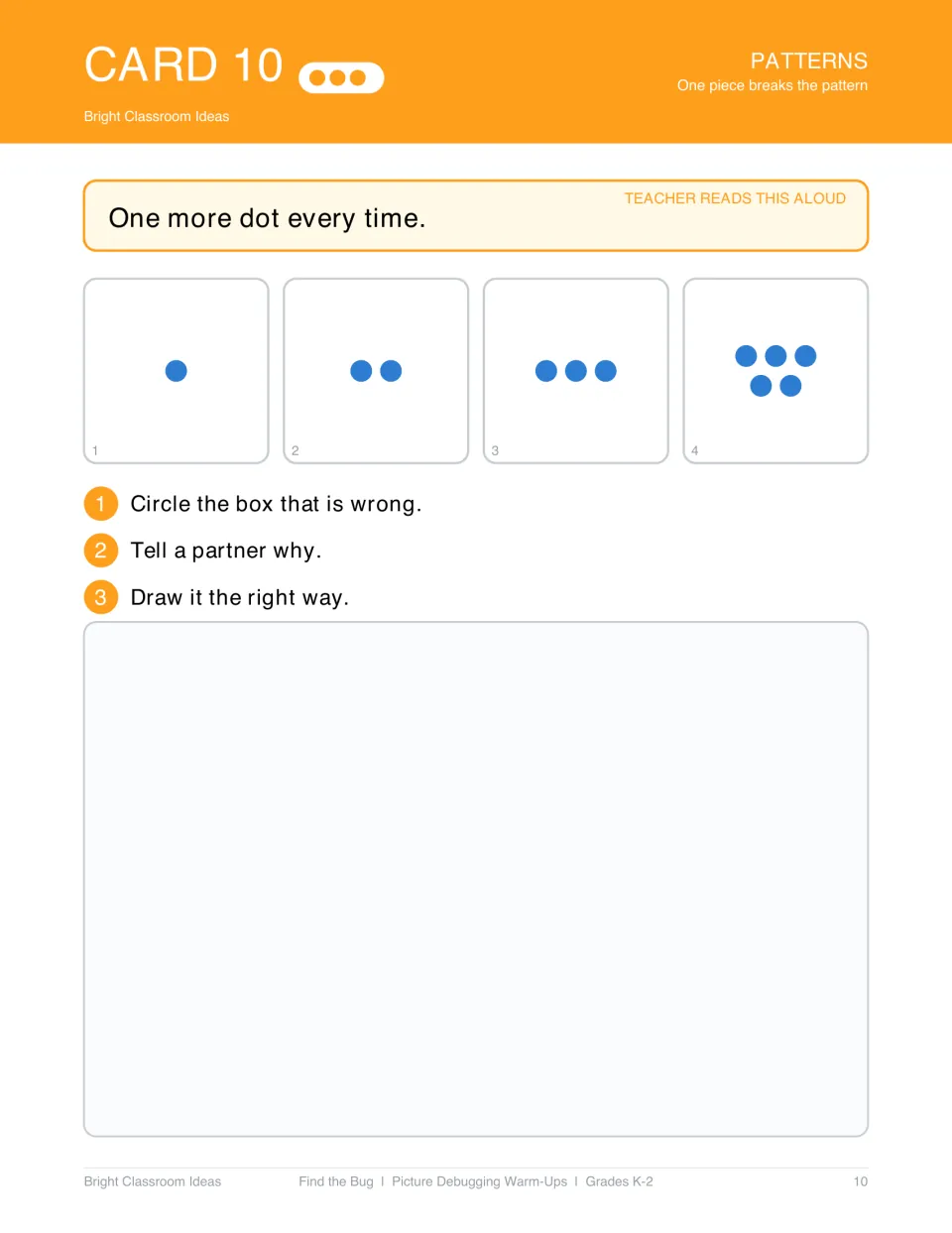 Pattern debugging card 10: 'One more dot every time' shows groups of one, two, three, and five blue dots.