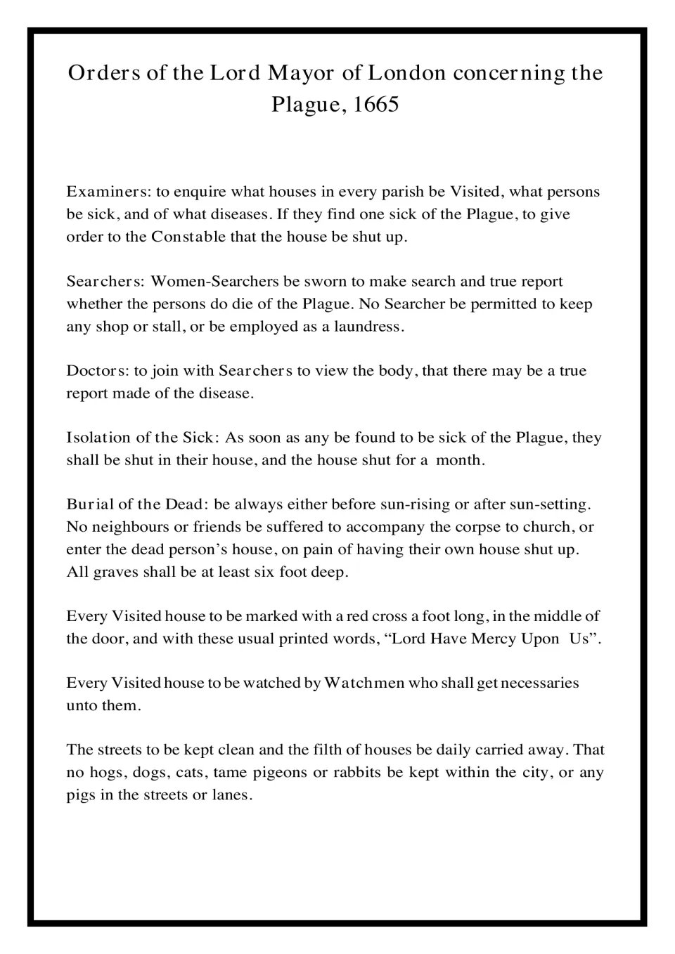 Lord Mayor of London's 1665 plague orders: rules for examiners, searchers, isolation, night burials and red-cross doors
