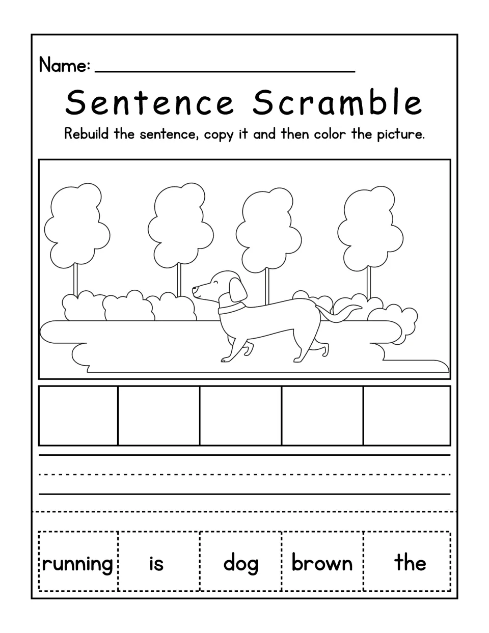 Dog in the park sentence scramble: students cut and order running, is, dog, brown, the, copy the sentence, then color