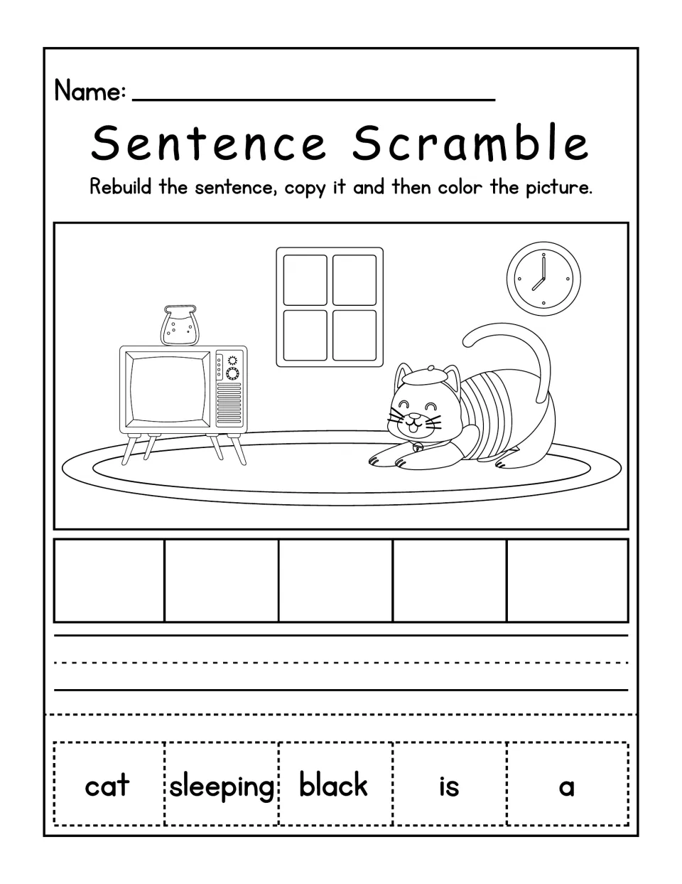 Cat in a living room sentence scramble: students order cat, sleeping, black, is, a into a sentence, copy it and color