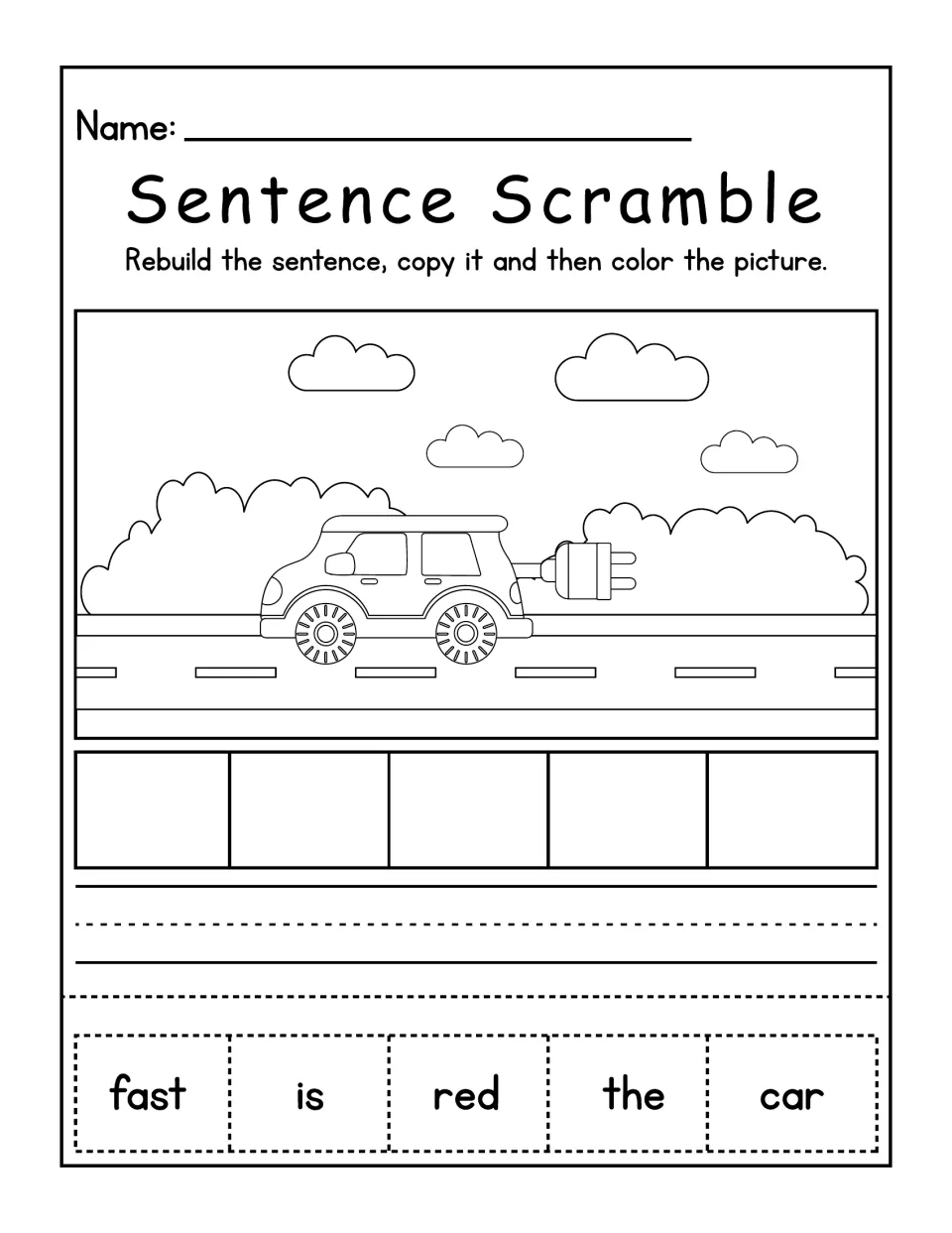 Car on a road sentence scramble: students arrange fast, is, red, the, car into a sentence, write it out and color the car