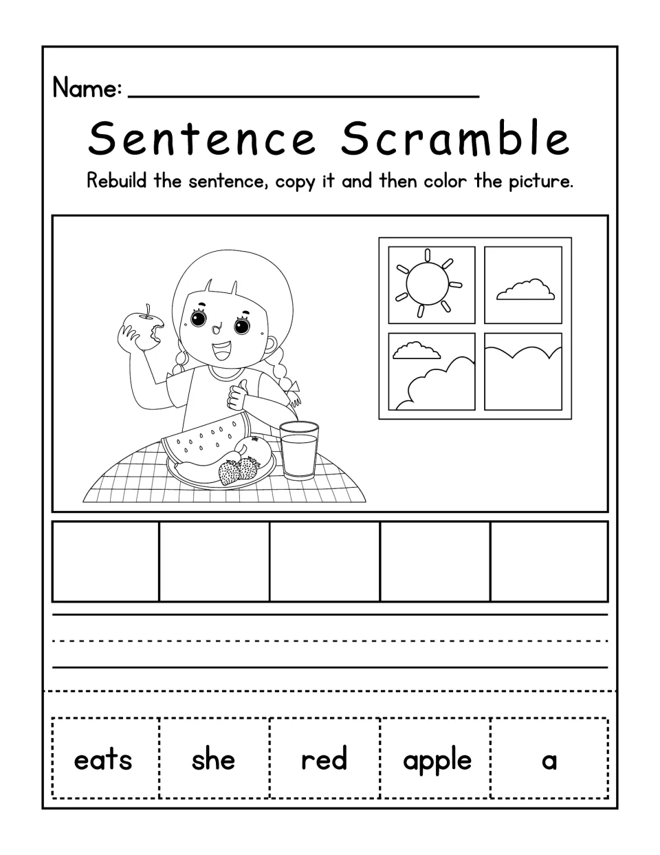 Girl eating fruit sentence scramble: students put eats, she, red, apple, a in order, copy the sentence and color the scene
