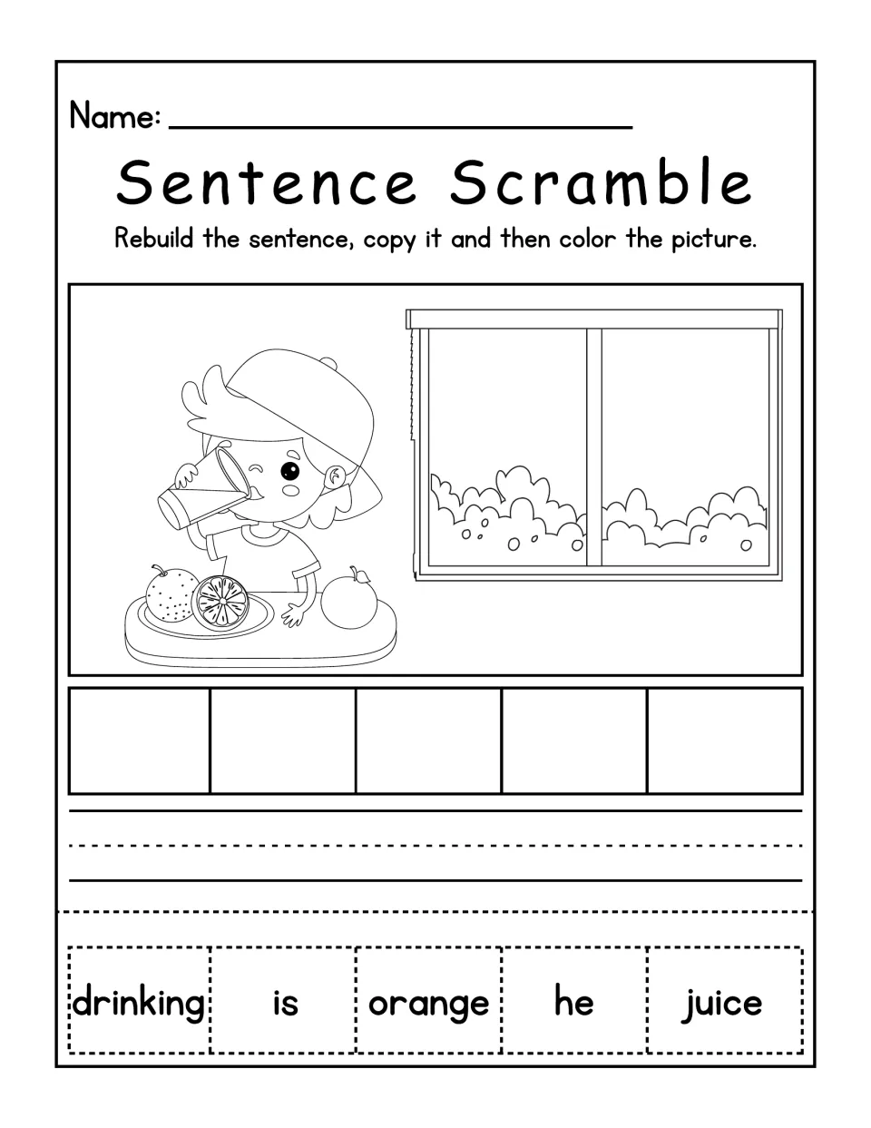 Boy drinking juice sentence scramble: students order drinking, is, orange, he, juice, then copy the sentence and color