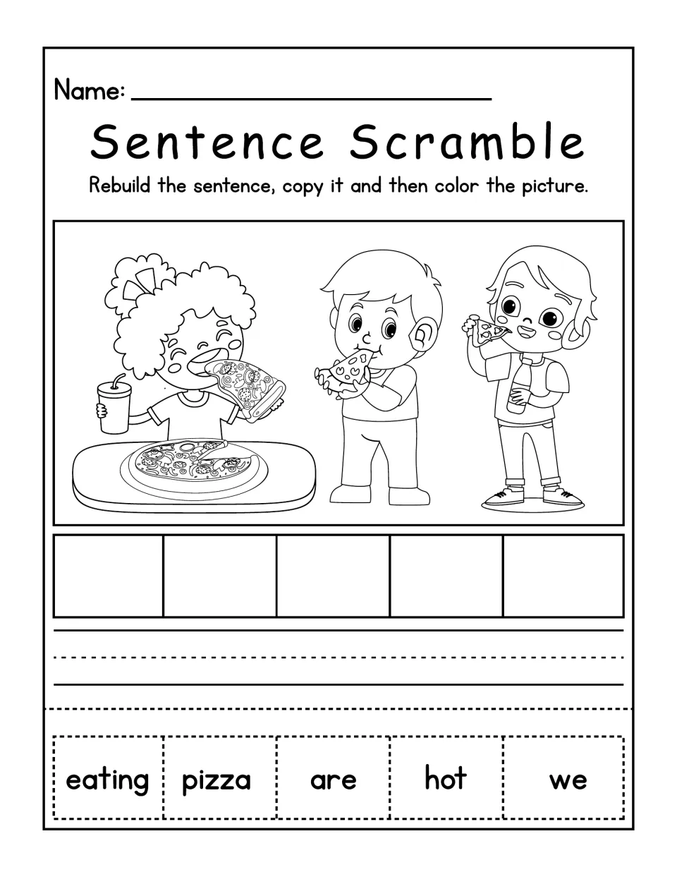 Kids eating pizza sentence scramble: students order eating, pizza, are, hot, we into a sentence, copy it and color