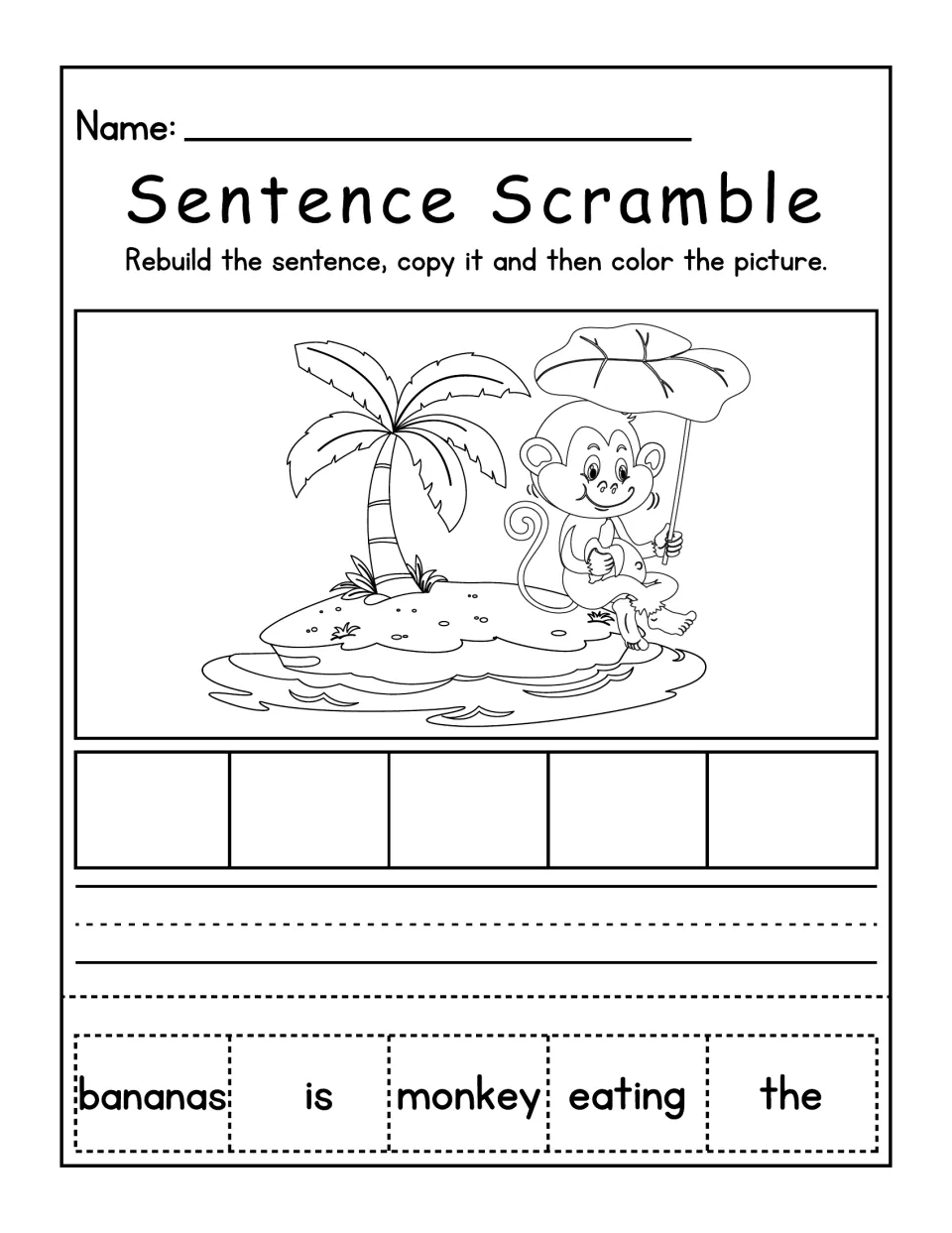 Monkey on an island sentence scramble: students order bananas, is, monkey, eating, the, copy the sentence and color