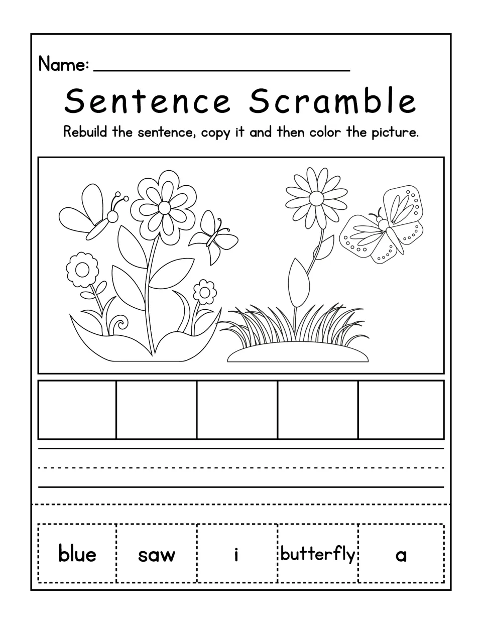 Butterfly garden sentence scramble: students order blue, saw, i, butterfly, a, copy the sentence and color the flowers