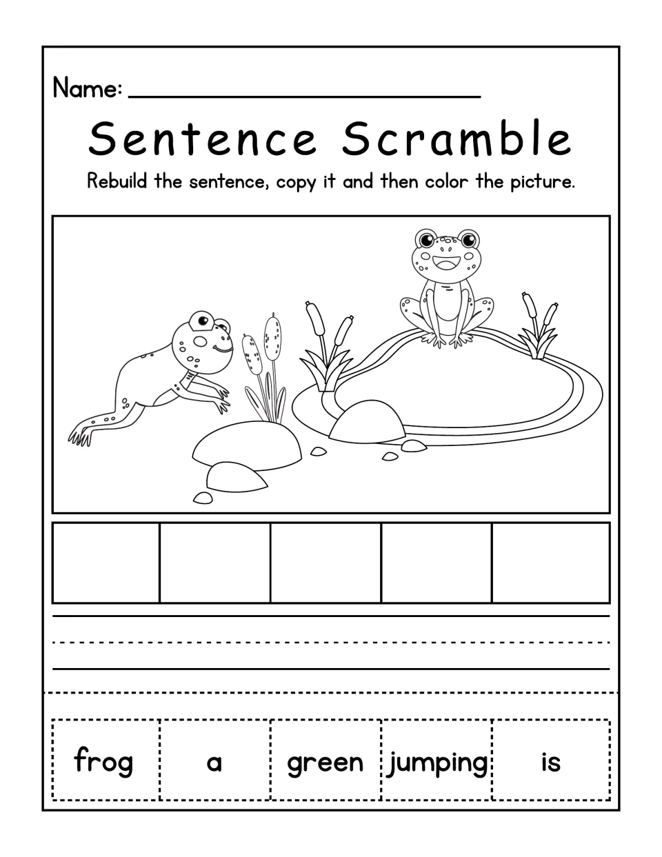 Frogs at a pond sentence scramble: students order frog, a, green, jumping, is into a sentence, copy it and color it in
