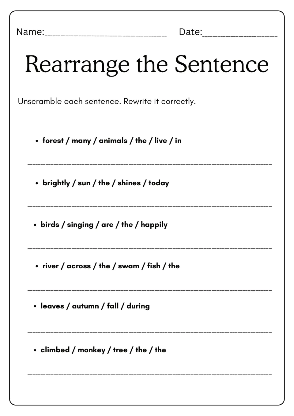 Nature sentence scramble: students reorder words about forest animals, birds, a river, autumn leaves and a monkey