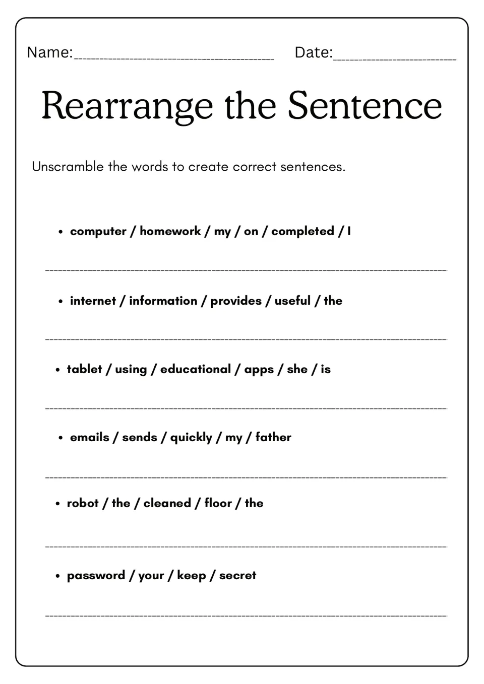 Technology sentence scramble: students unscramble words about computers, the internet, tablets, email, robots and passwords