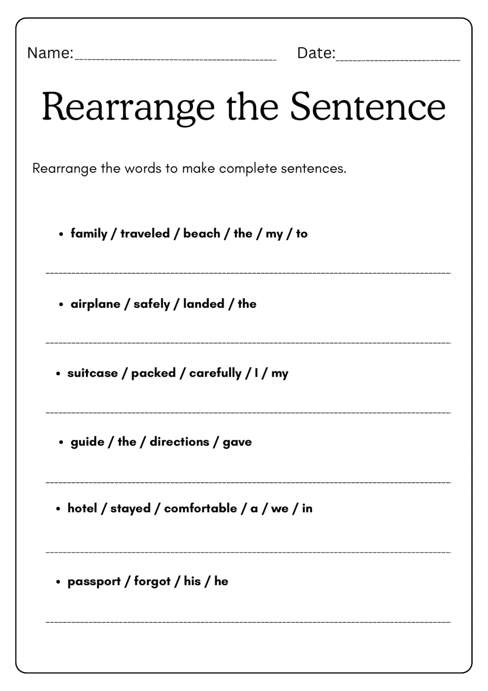 Travel sentence scramble: students order words about a beach trip, an airplane, packing a suitcase, a hotel and a passport
