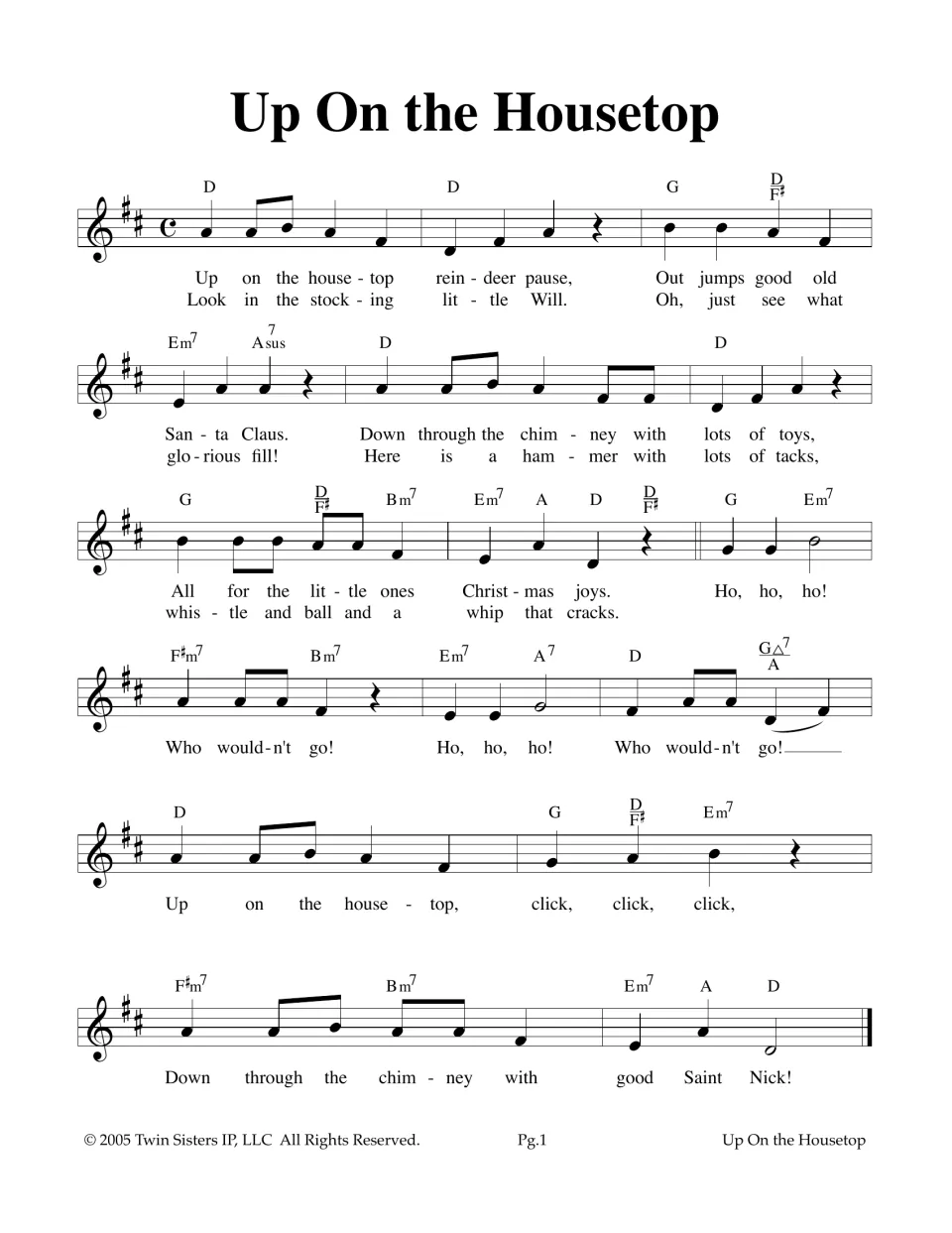 Up on the Housetop lead sheet: melody in D major with chord symbols and two verses of lyrics for students to sing or play
