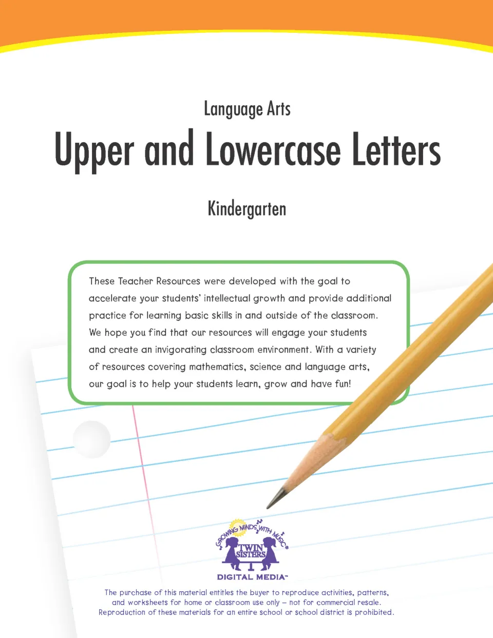 Cover: Language Arts Upper and Lowercase Letters, Kindergarten, from Twin Sisters, with a note about basic-skills practice