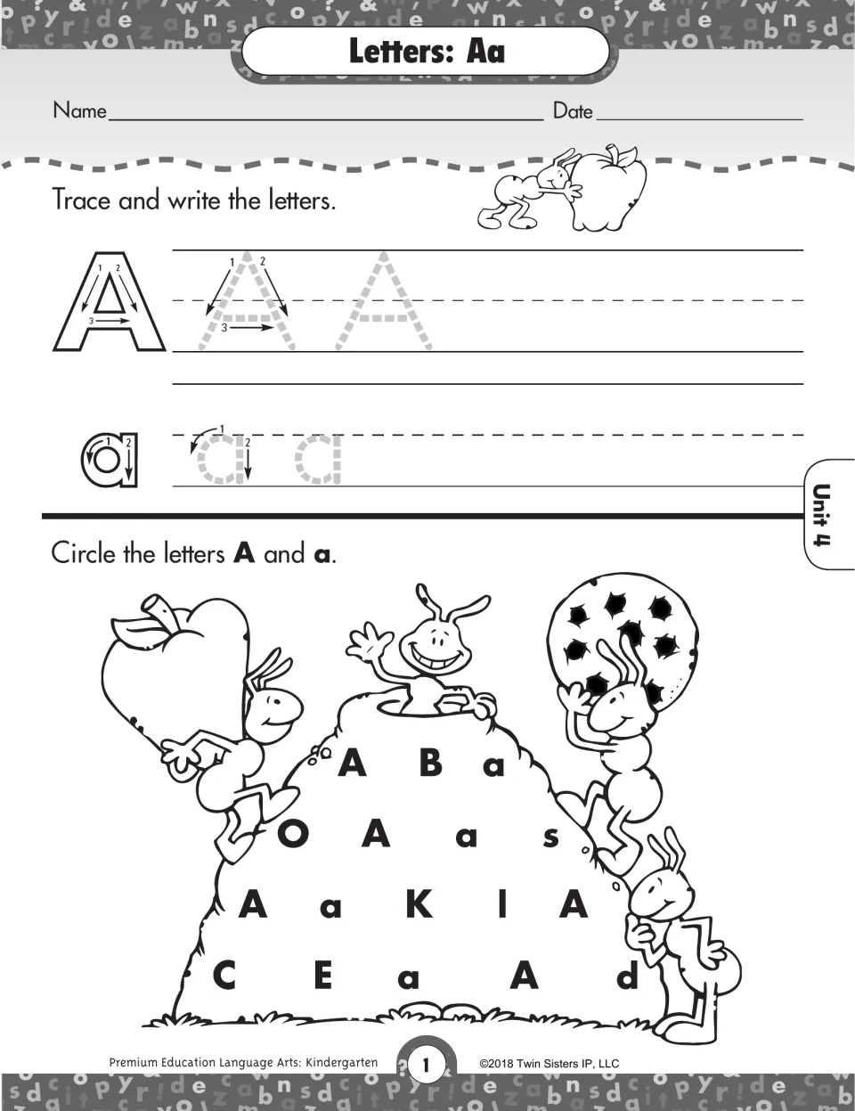 Letters Aa: students trace capital A and small a with stroke arrows, then circle every A and a on an anthill of letters