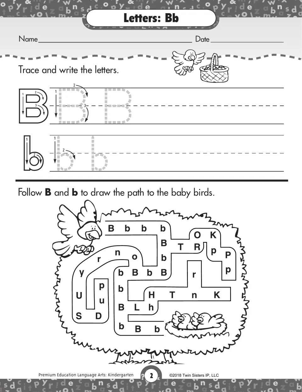 Letters Bb: students trace B and b by stroke number, then follow only B and b through a letter maze to the baby birds
