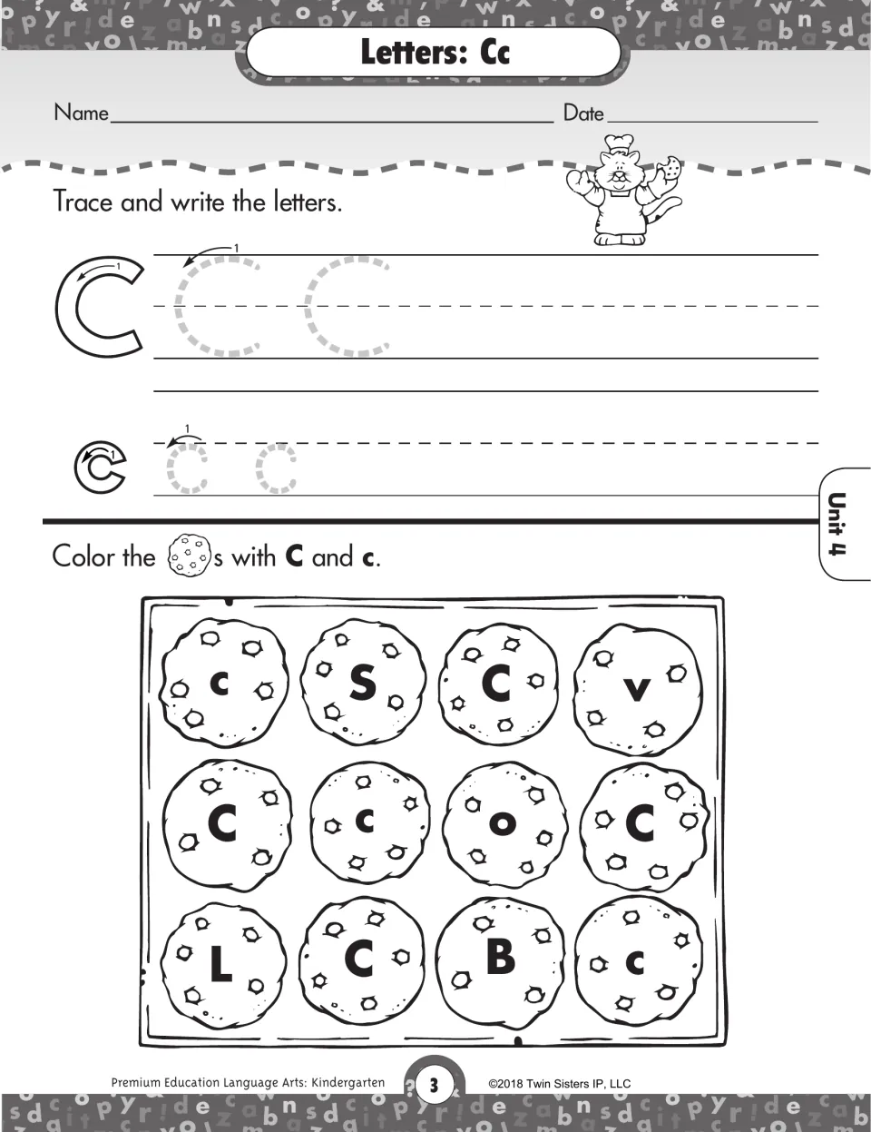 Letters Cc: students trace and write C and c, then color each cookie on a baking tray that shows a C or c