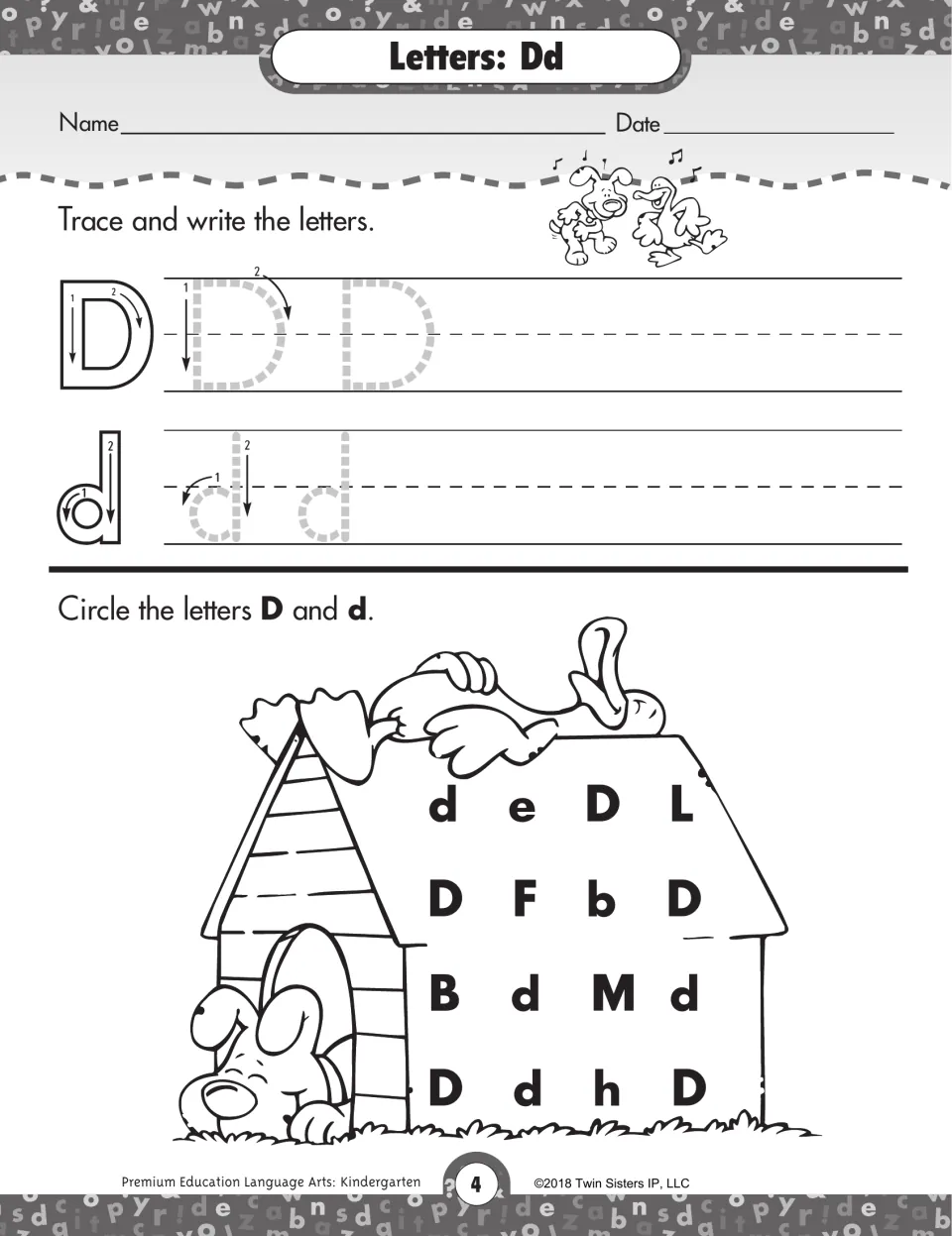 Letters Dd: students trace D and d with numbered strokes, then circle each D and d written on a doghouse roof and wall