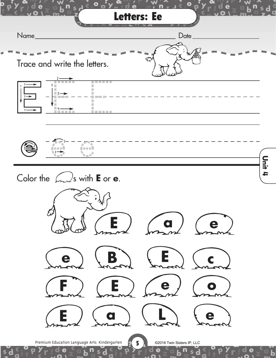 Letters Ee: students trace E and e, then color only the ovals marked E or e, passing over a, B, c, F, o and L