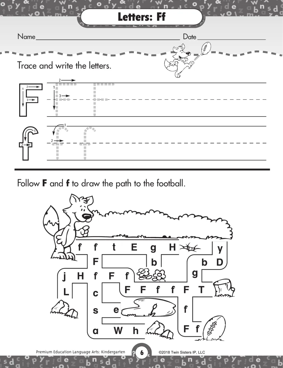 Letters Ff: students trace F and f, then follow a path of only F and f letters through a maze from a fox to a football