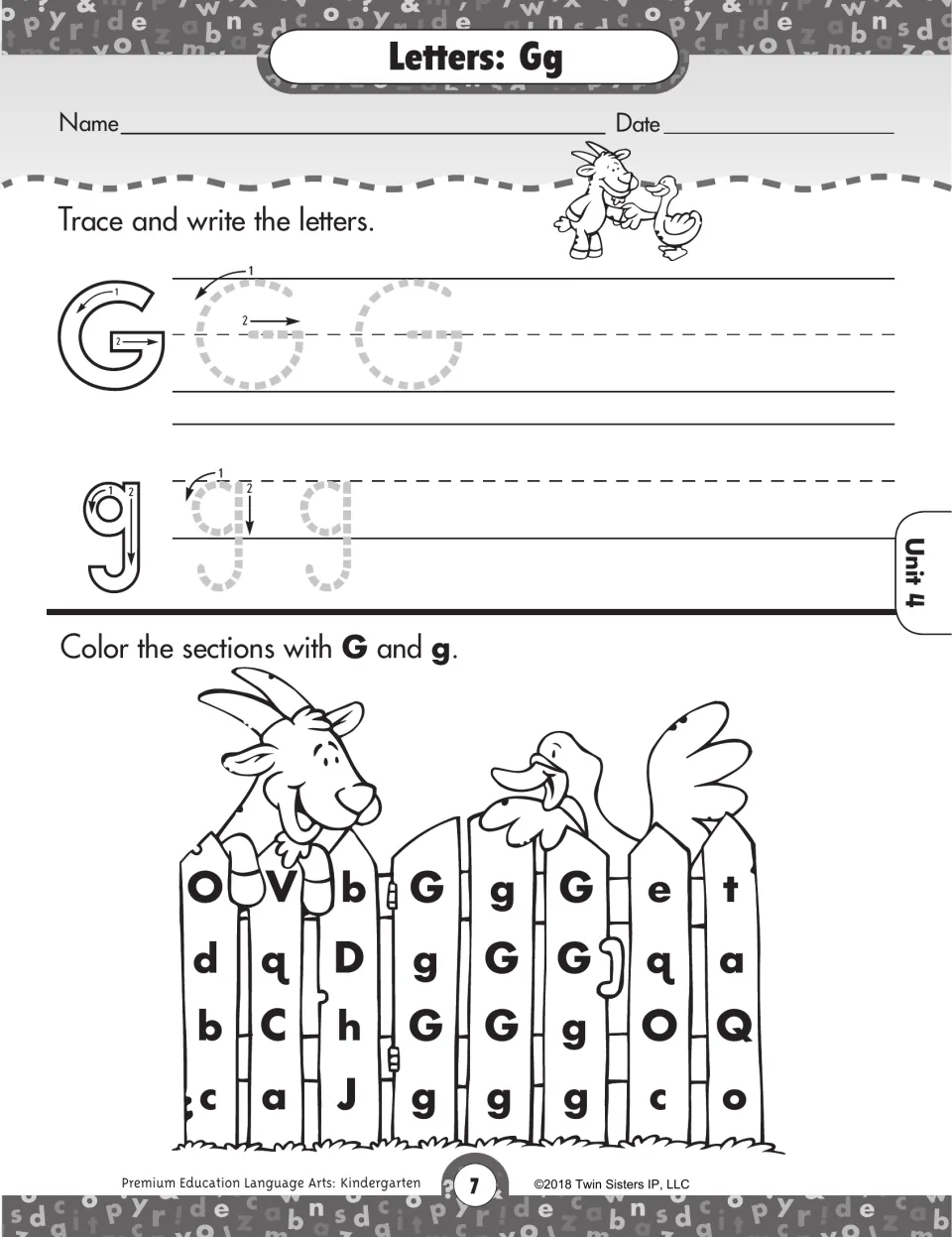 Letters Gg: students trace G and g, then color the fence sections holding G or g, with a goat and goose peeking over