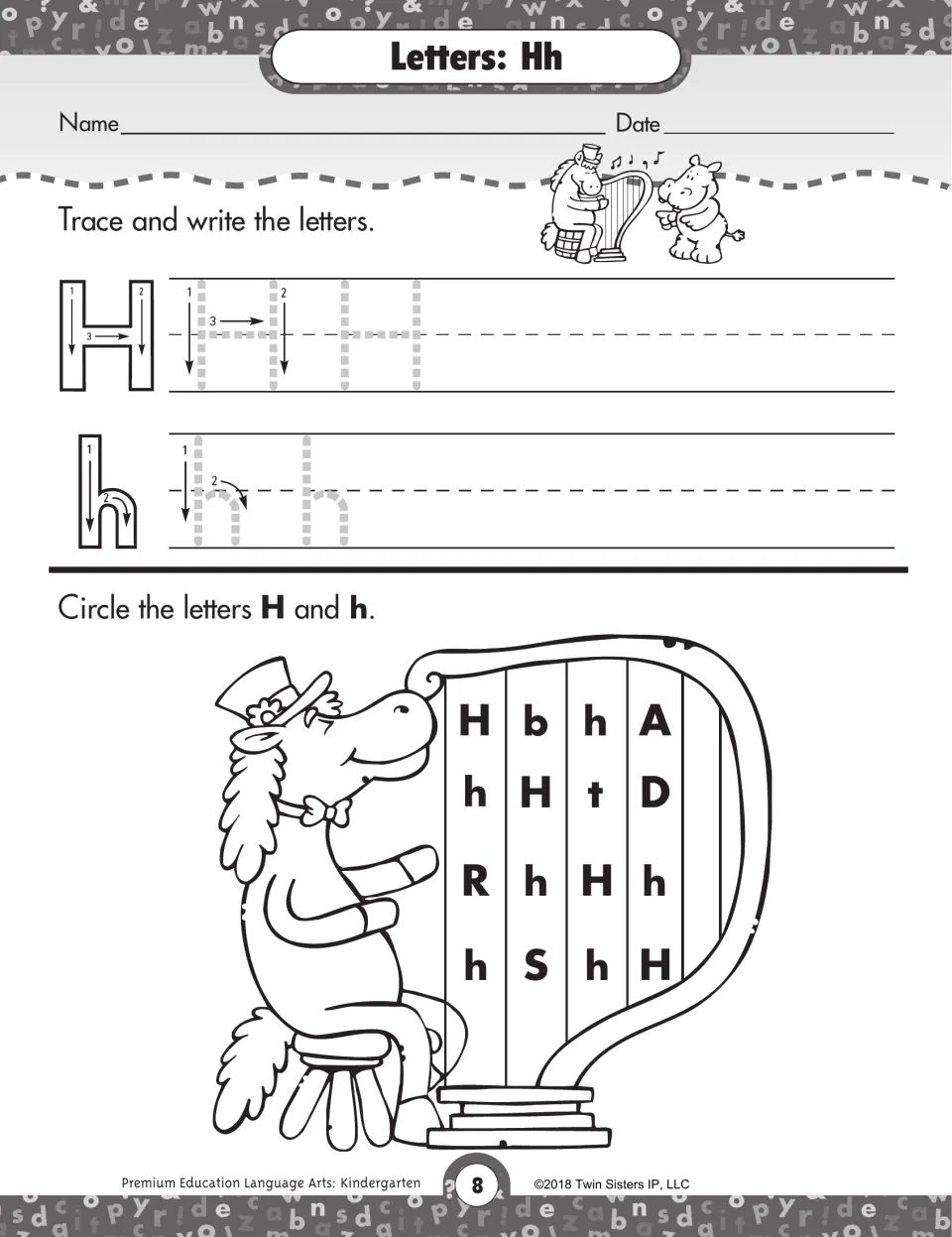 Letters Hh: students trace H and h by stroke order, then circle each H and h on the strings of a harp a horse is playing