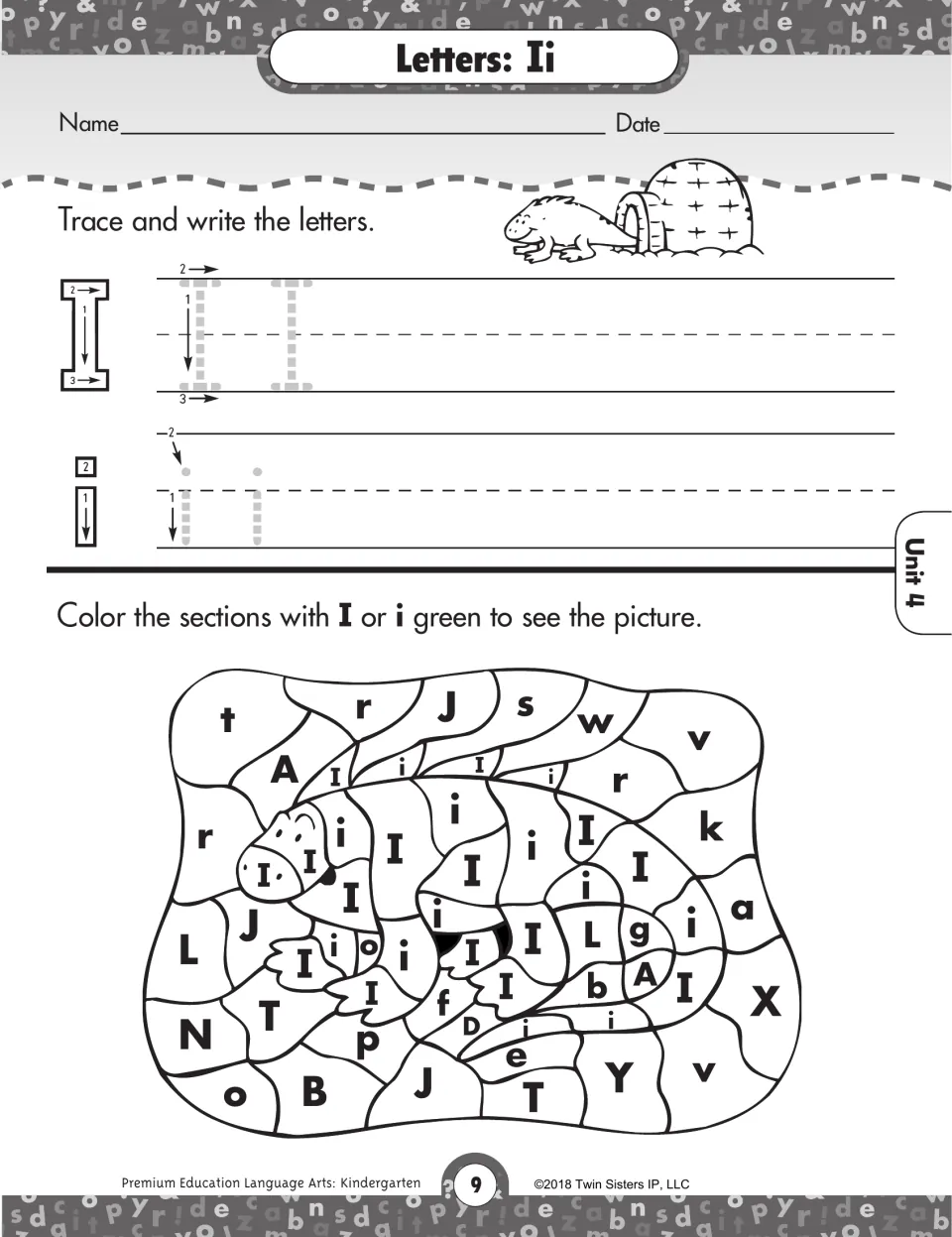 Letters Ii: students trace I and i, then color every section with I or i green to reveal a hidden picture