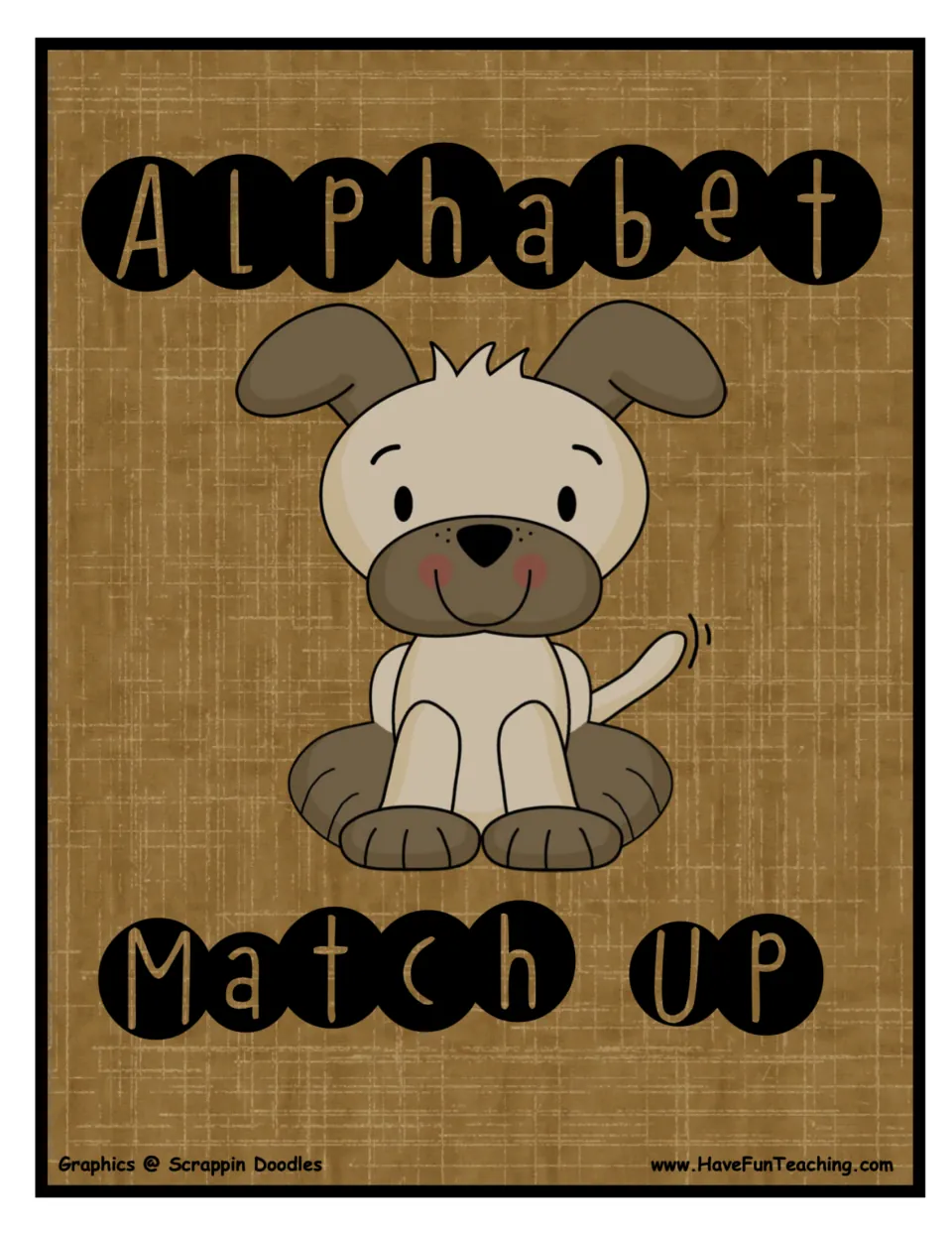 Alphabet Match Up cover: a smiling puppy between the title for a letter-matching game pairing doghouses with puppy cards