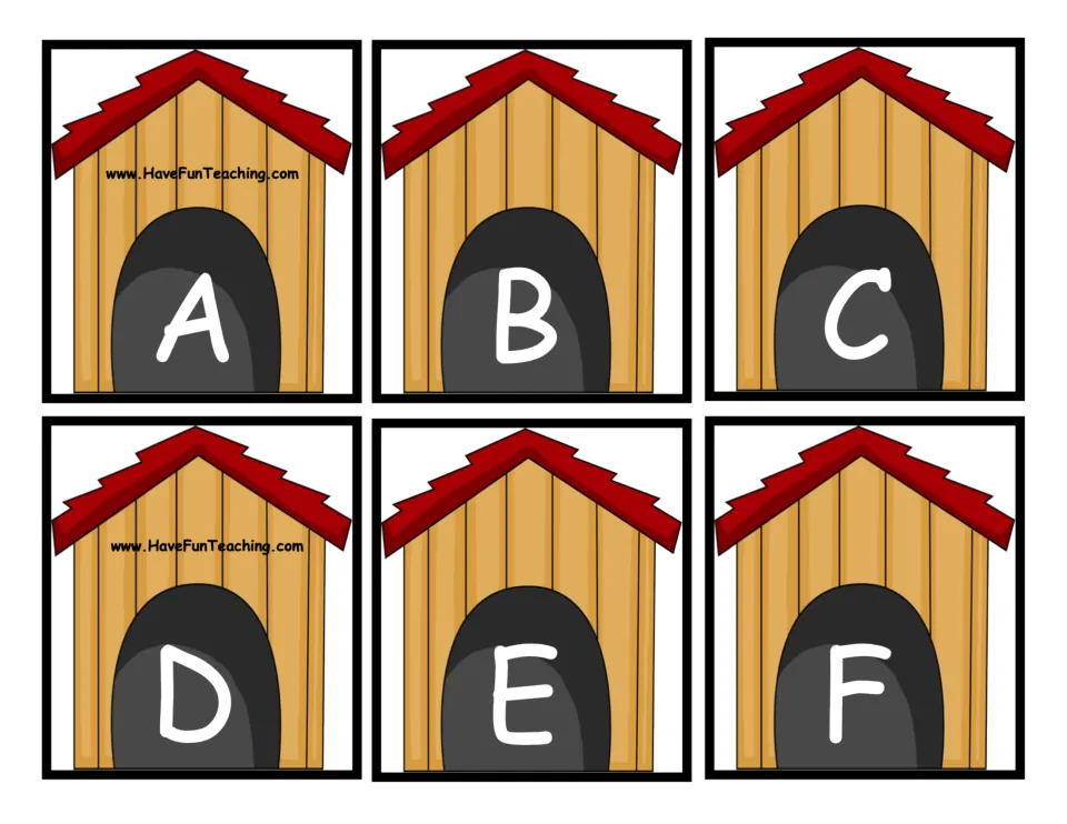 Uppercase letter cards A to F, each printed in a doghouse doorway, for students to cut out and match to lowercase puppies