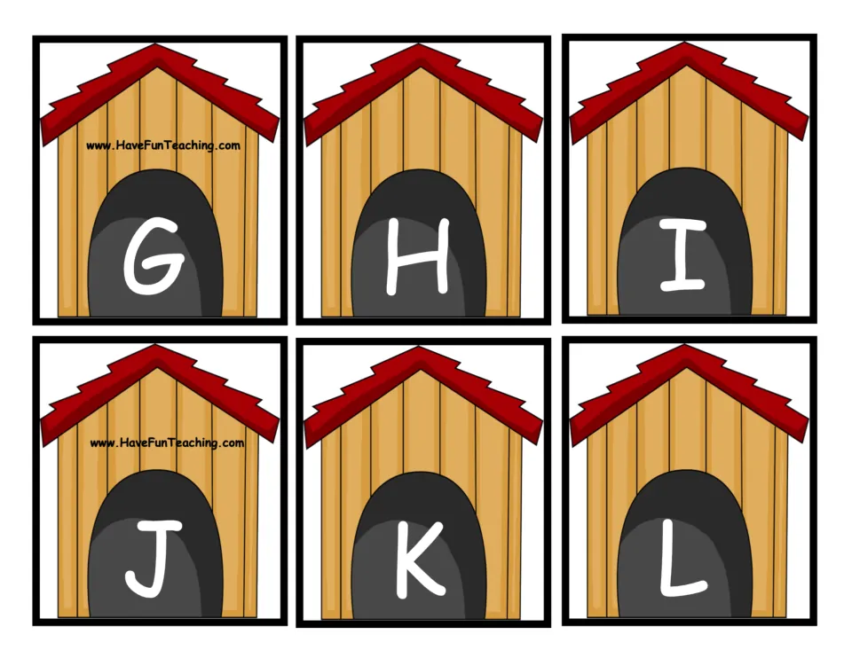 Capital letter doghouse cards G through L to cut out so children can pair each one with its matching lowercase letter
