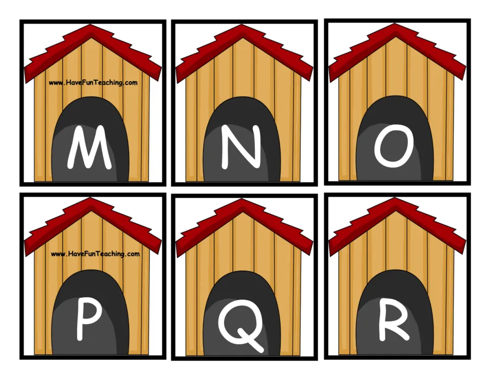 Doghouse cards showing capital M, N, O, P, Q and R in the doorway, cut apart for matching uppercase to lowercase letters