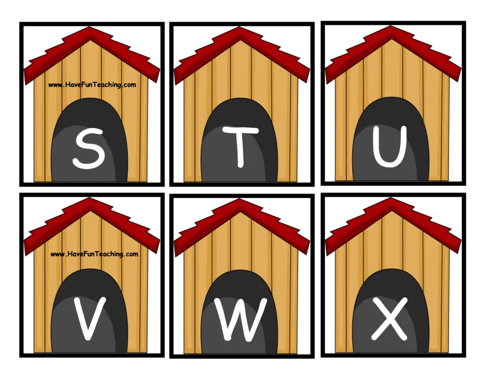 Capital S, T, U, V, W and X doghouse cards for students to cut out and match with the puppy of the same lowercase letter
