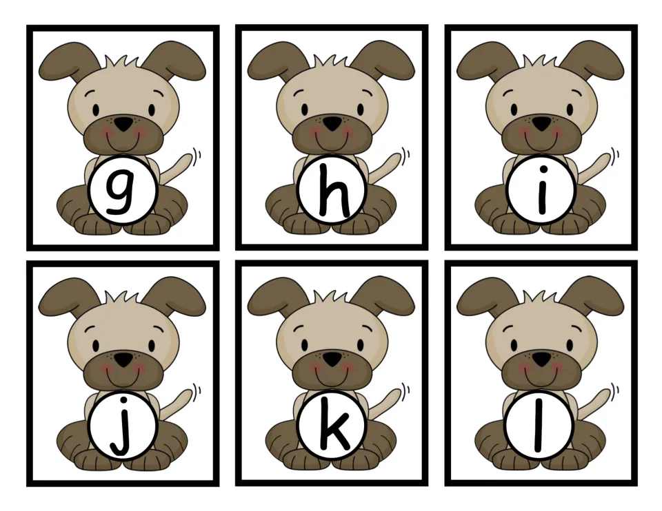Puppy cards showing lowercase g, h, i, j, k and l for children to cut out and send to the doghouse with the capital letter