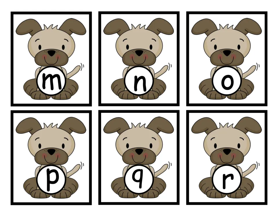Lowercase m, n, o, p, q and r on puppy cards for students to match to the doghouse with the same capital letter
