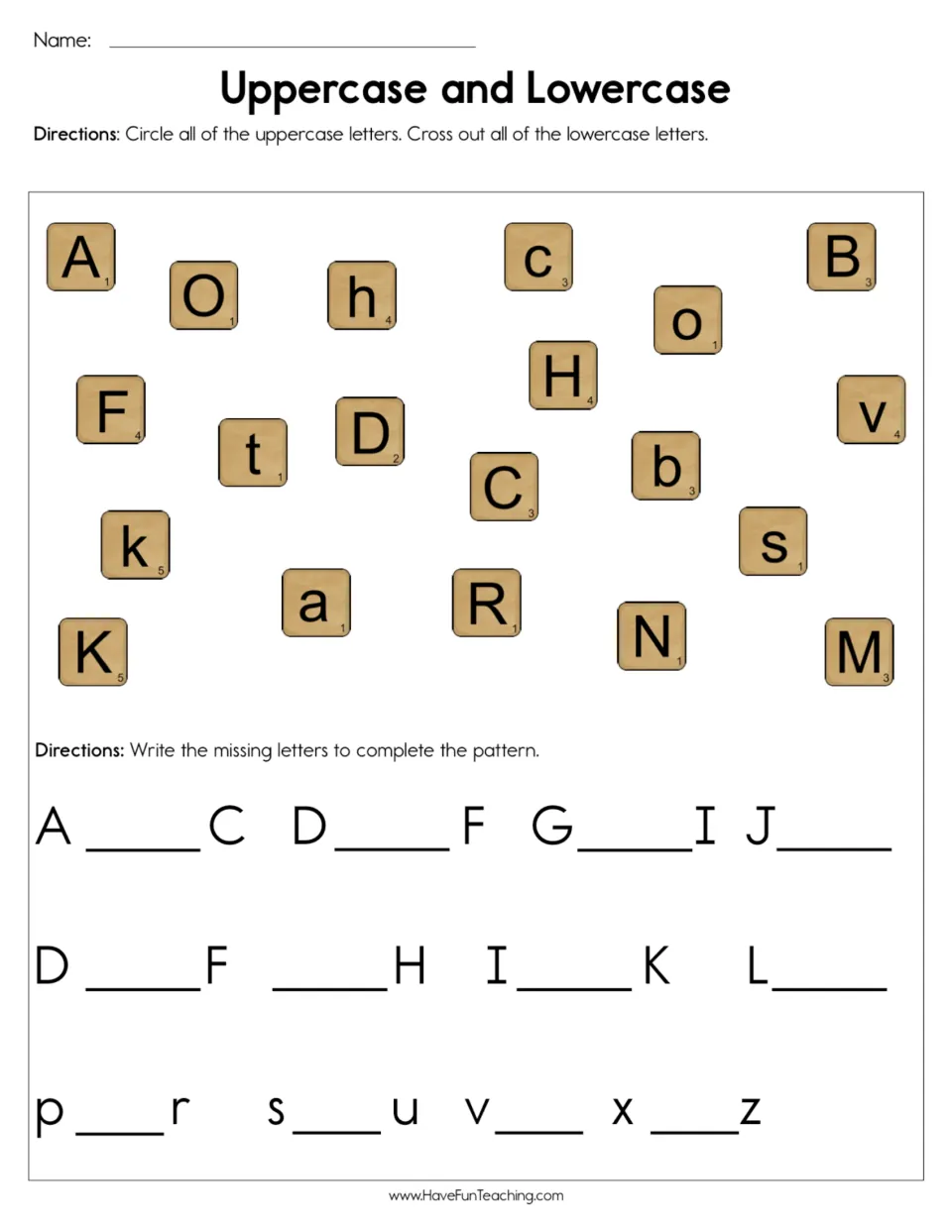 Letter recognition practice: circle uppercase letters, cross out lowercase letters, and complete alphabet patterns.
