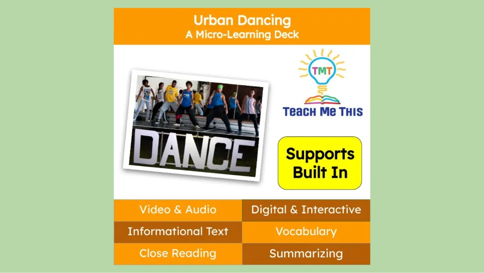 Urban Dancing cover introduces a micro-learning deck with video, audio, vocabulary, and summarizing.