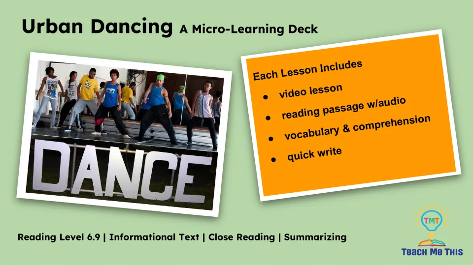 Lesson overview lists a video lesson, reading passage with audio, vocabulary, comprehension, and quick write.