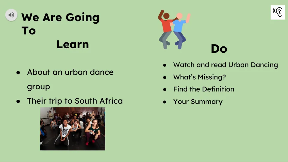 Learning goals introduce an urban dance group and its South Africa trip, followed by the lesson activity list.
