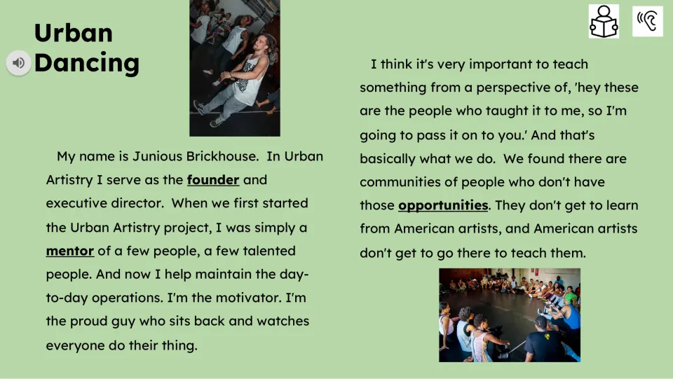 Reading passage begins with Junius Brickhouse describing his role as founder and mentor at Urban Artistry.