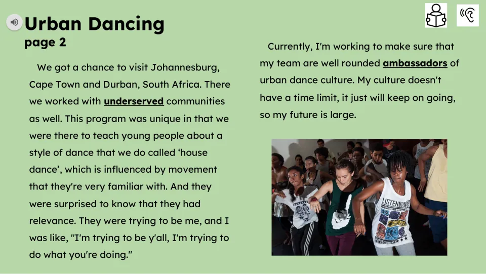 Reading passage continues with teaching house dance in South Africa and becoming ambassadors of dance culture.