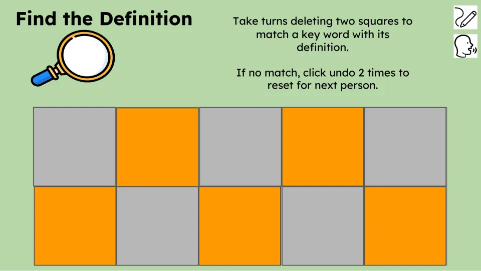 Find the Definition activity asks students to reveal two hidden entries and match a key word to its definition.