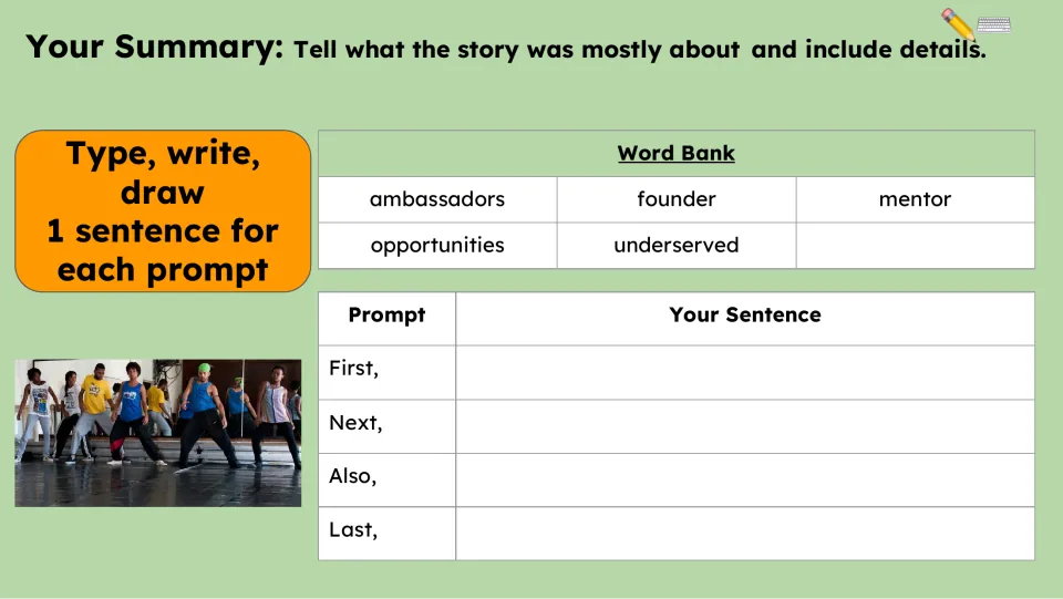 Summary task asks for one sentence each beginning First, Next, Also, and Last, supported by a vocabulary bank.