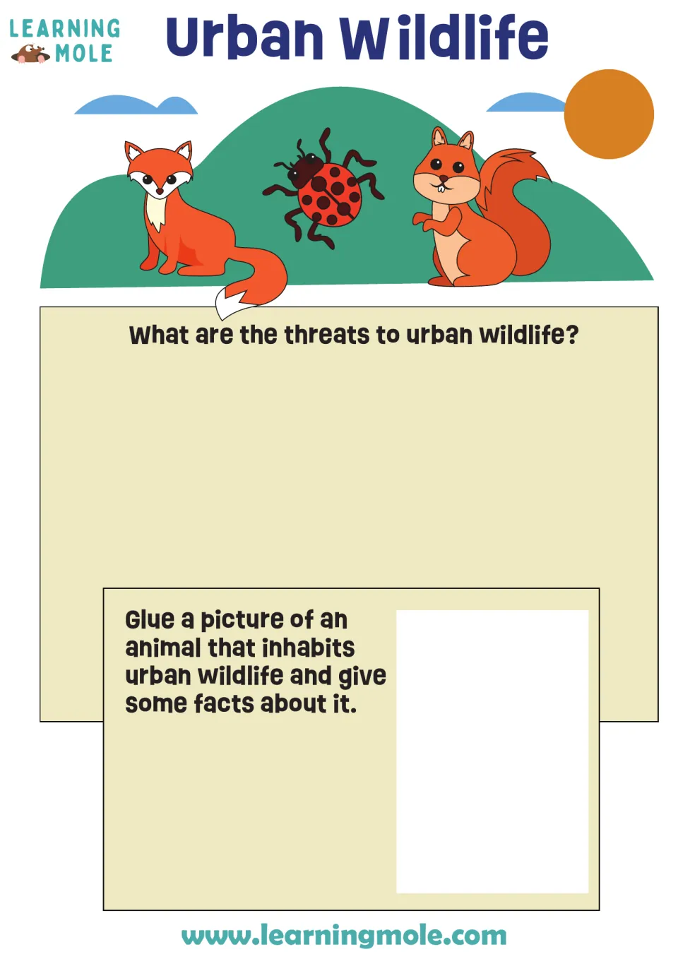Urban wildlife: students explain threats to city animals, then glue an animal picture and write facts about it