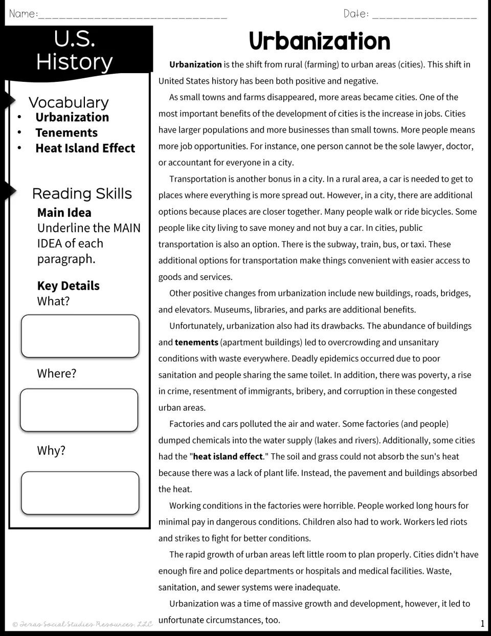 Urbanization reading passage on U.S. cities: students underline main ideas and note what, where and why key details