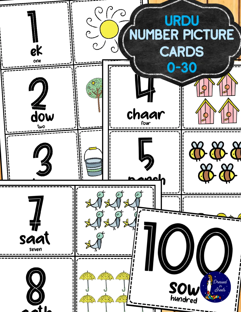 Cover: Urdu number picture cards 0-30, showing numeral cards with romanized words like ek, dow, chaar and matching pictures
