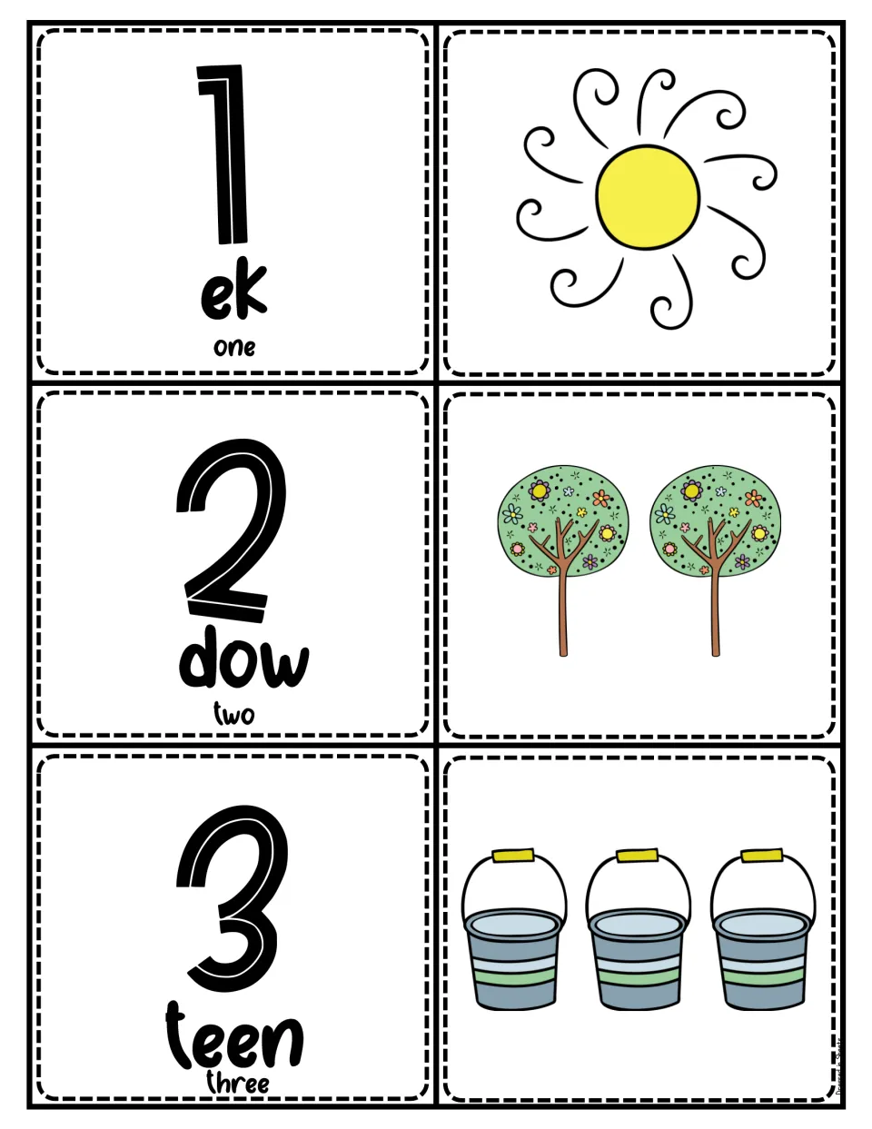 Urdu numbers 1-3: numeral cards for ek, dow and teen with English words, paired with pictures of 1 sun, 2 trees, 3 buckets