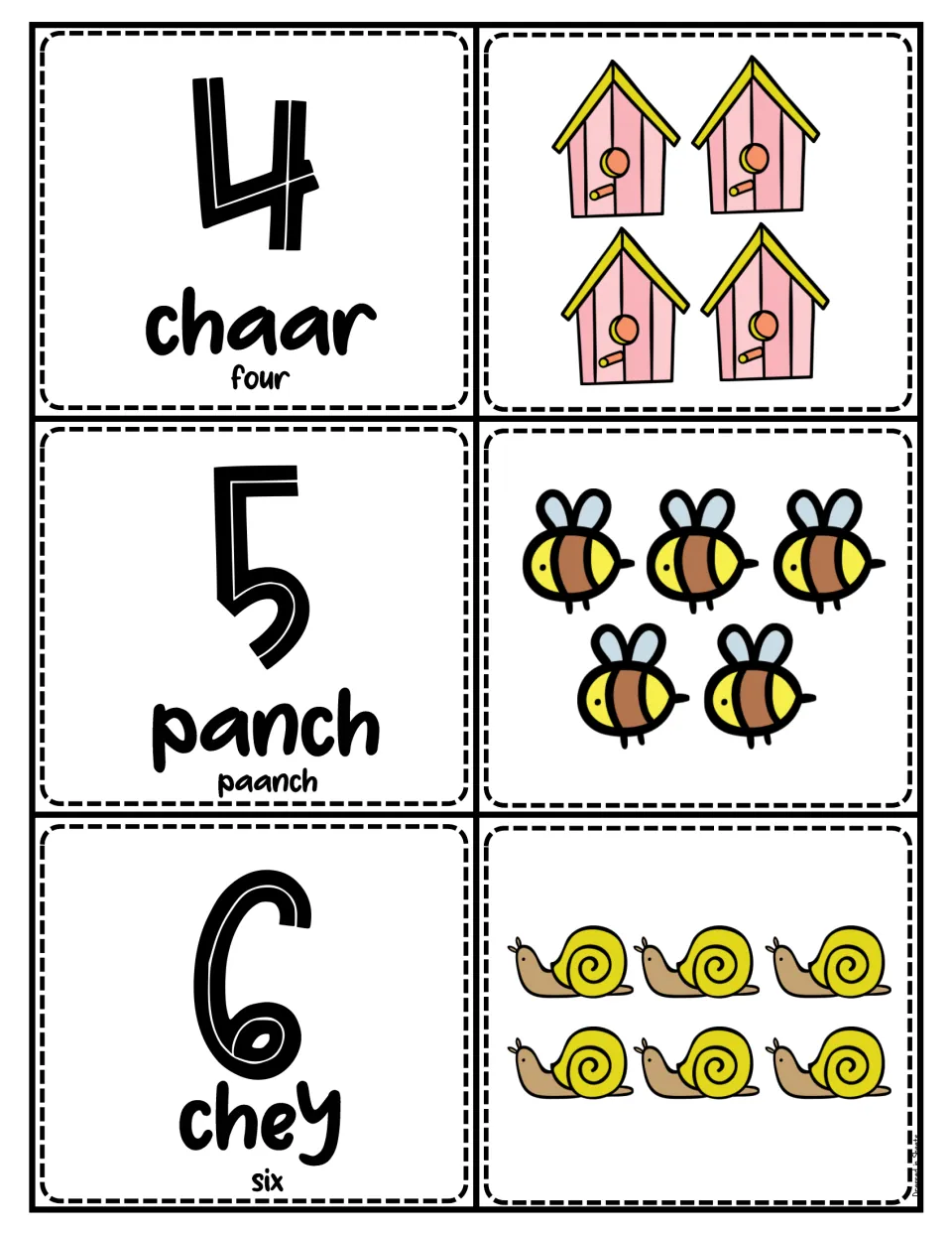 Urdu numbers 4-6: chaar, panch and chey numeral cards paired with counting pictures of 4 birdhouses, 5 bees and 6 snails