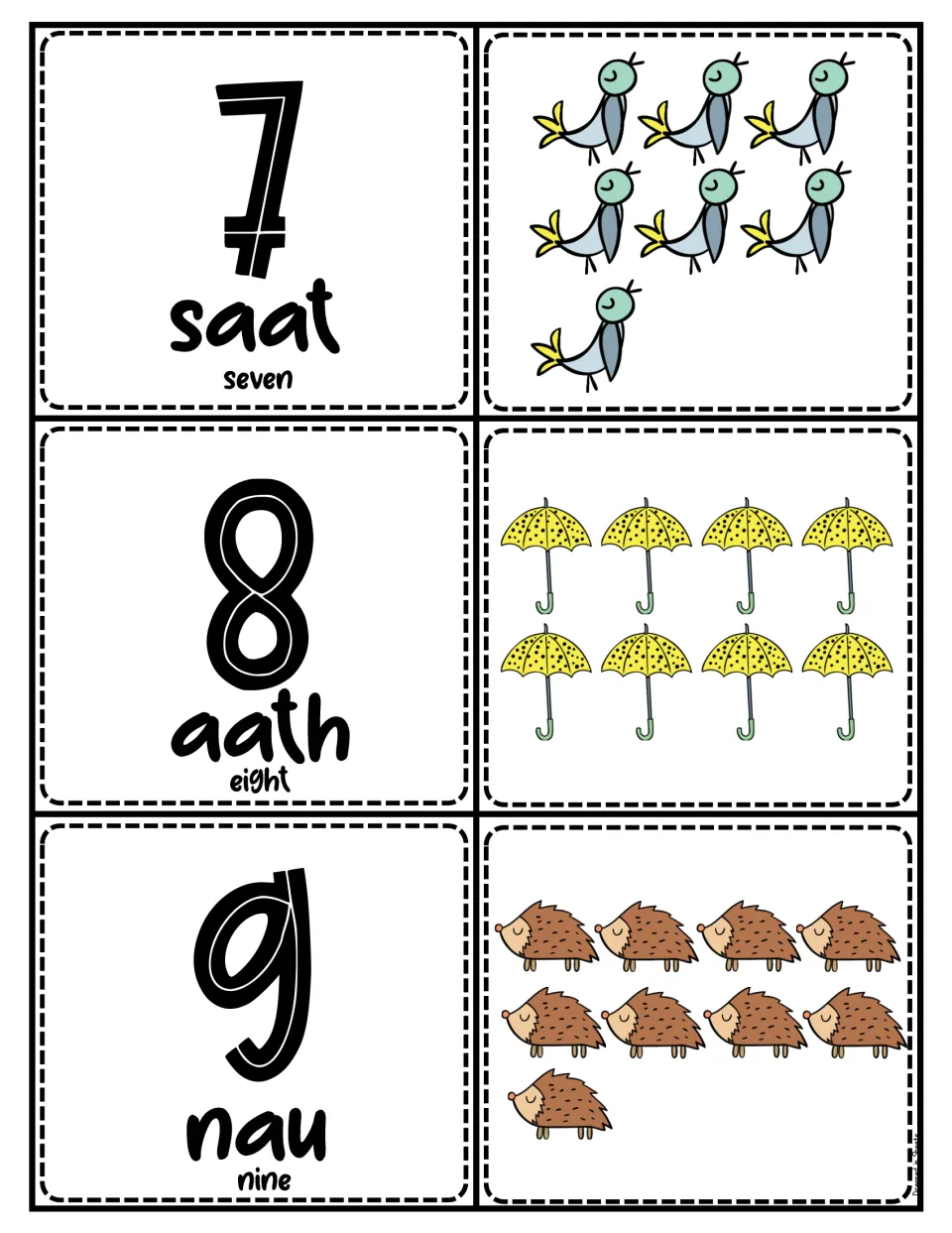 Urdu numbers 7-9: saat, aath and nau numeral cards matched to picture cards showing 7 birds, 8 umbrellas and 9 hedgehogs