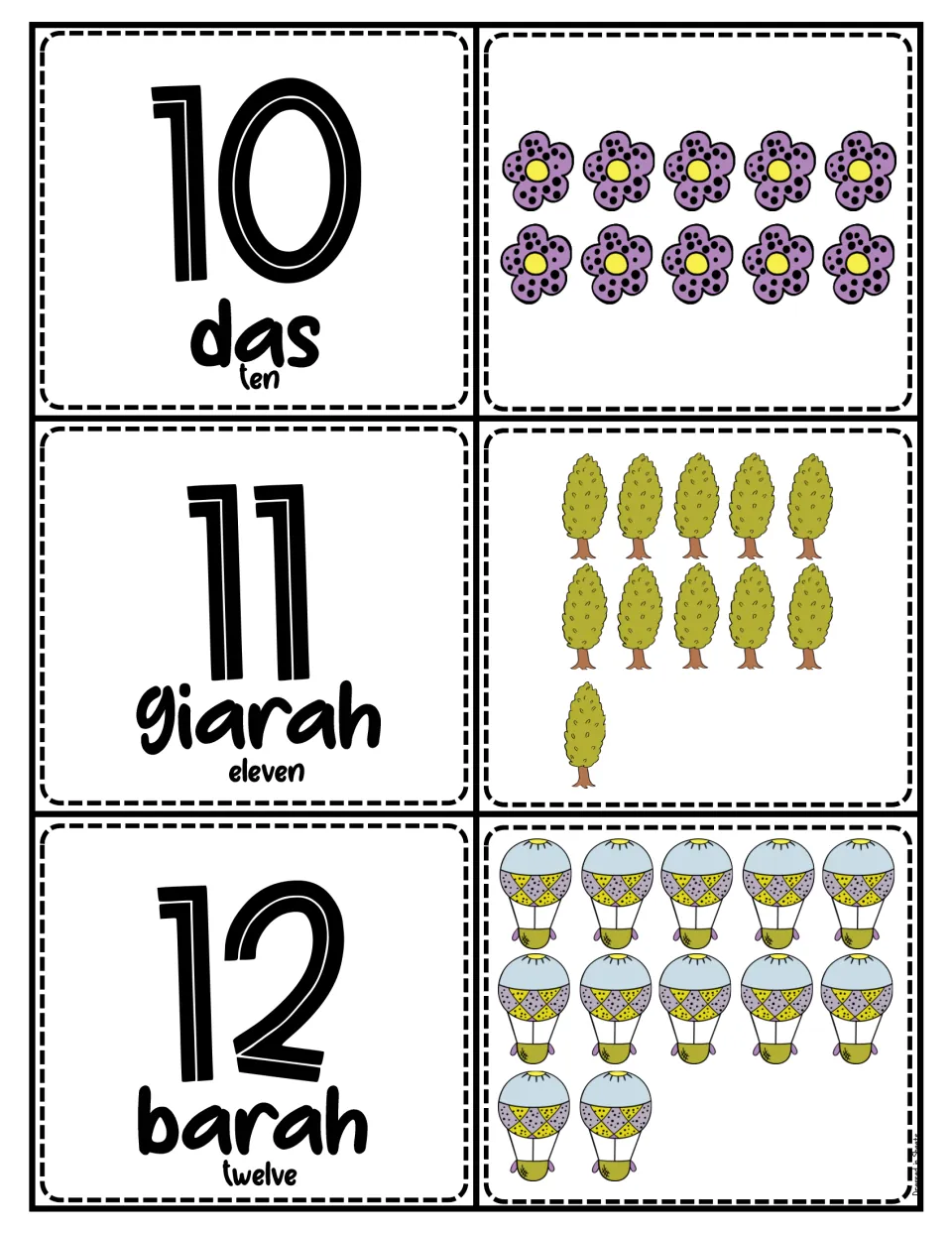 Urdu numbers 10-12: das, giarah and barah cards with English words, paired with 10 flowers, 11 trees, 12 hot air balloons
