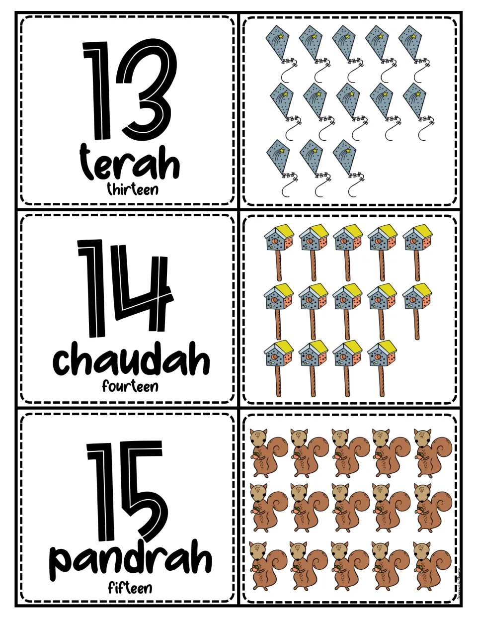 Urdu numbers 13-15: terah, chaudah and pandrah cards paired with counting pictures of 13 kites, 14 birdhouses, 15 squirrels